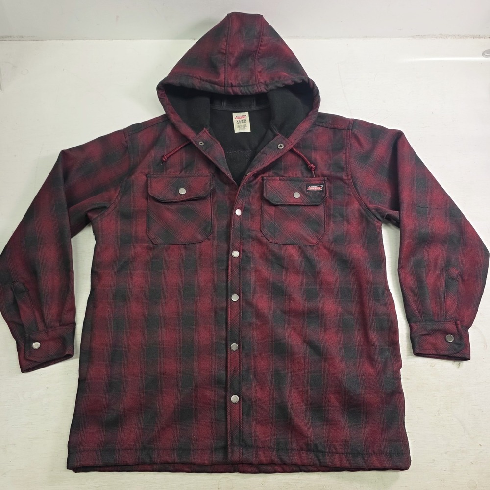 Dickies Work Chore Jacket Red/Black Plaid Flannel Hooded Long Sleeve Mens XL VG+